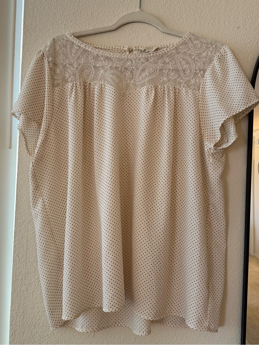 Perch by Blu Pepper Cream Brown Polka Dot Lace Yoke Blouse 2XL Boho Cottagecore